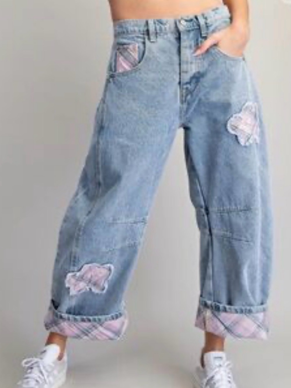 eesome Patchwork Daydream Barrel Jeans with Pink Plaid Accents
